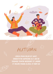 Autumn seasonal banner or flyer design with people characters, flat vector illustration. Autumn template for farm market, pumpkin patch and seasonal sales.