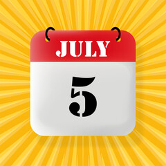 5 july. Speech bubble with calendar 2024, 2025. Year, month, day, week, time management. Planning concept. 3d illustration. Pop art style. Vector line icon for Business and Advertising