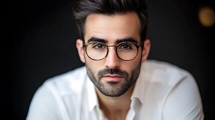 Fototapeta premium A young man with dark hair and a beard wearing round glasses looks intensely at the camera.