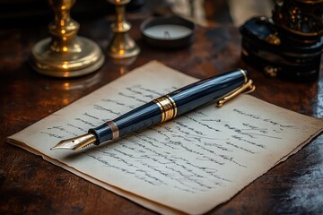 antique fountain pen resting on aged parchment with elegant cursive handwriting surrounded by vintage writing accessories and warm candlelight
