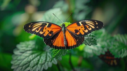 Obraz premium An orange and black butterfly on green leaves.