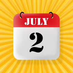 2 July. Speech bubble with calendar 2024, 2025. Year, month, day, week, time management. Planning concept. 3d illustration. Pop art style. Vector line icon for Business and Advertising