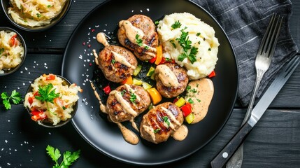 A hearty dish featuring sausage, sauerkraut, and potato puree, elegantly arranged on a black plate with pickles and utensils beside it