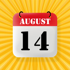 14 August. Speech bubble with calendar 2024, 2025. Year, month, day, week, time management. Planning concept. 3d illustration. Pop art style. Vector line icon for Business and Advertising