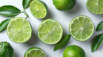 Limes and Lime Leaves on a White Background