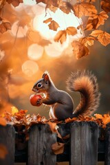 Adorable Cartoon Squirrel with Apple on Wooden Fence | Autumn Leaves | Golden Hour Lighting | Side View | Soft Focus Background | Perfect for Fall and Nature Themes