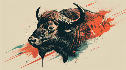Graphic illustration of a bison in street art style, using vibrant colors and dynamic lines to create a strong visual impact