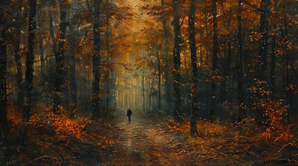 Fototapeta premium A solitary figure walks along a narrow path through a dense forest, the tall trees creating a canopy overhead and the ground covered in fallen leaves, evoking a sense of mystery and solitude.