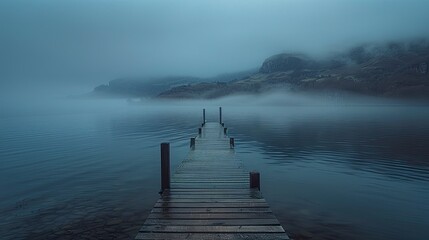 An empty pier stretching out into the calm water at dawn, the mist rising from the surface and the distant mountains shrouded in fog, creates a peaceful and solitary scene.