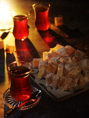 Traditional Turkish lokum with tea	
