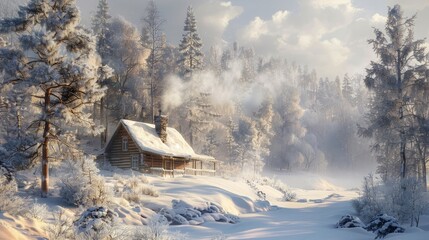 An empty cabin in the woods, with smoke rising from the chimney and the surrounding trees covered in snow, evokes a sense of isolation and rustic charm.