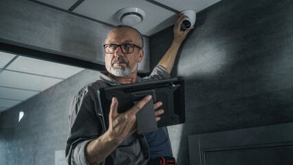Male mature technician uses tablet computer with professional software to set up surveillance...