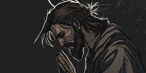 Jesus in Prayer. Jesus in quiet prayer, depicted with delicate brushwork.