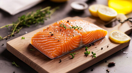 Fresh salmon fillet with lemon on a wooden board
