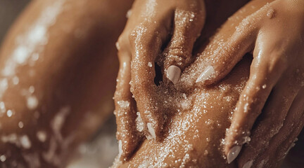 woman scrubbing her skin with sugar scrub in spa
