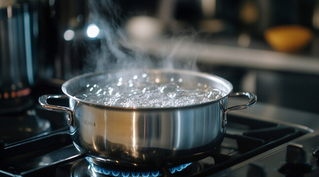 a pot of boiling water on a gas stove