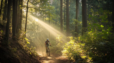 a cyclist rides through the forest on a sunny day.