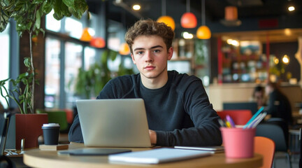 Portrait of a young man using a laptop in a coffee shop
