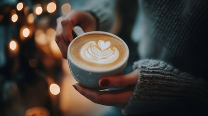 Female hands holding a cup of cappuccino with latte art 