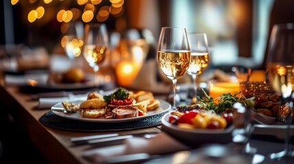 Restaurant table with glasses of white wine and appetizers.