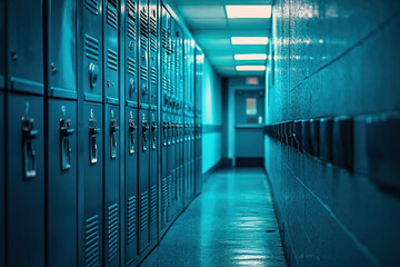 Fototapeta premium Warmly Illuminated School Corridor with Blue and Teal Lockers in a Cinematic Wide-Angle Perspective, Featuring Modern and Clean Design Elements.