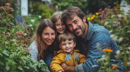 Portrait of a happy family in the garden on a sunny day