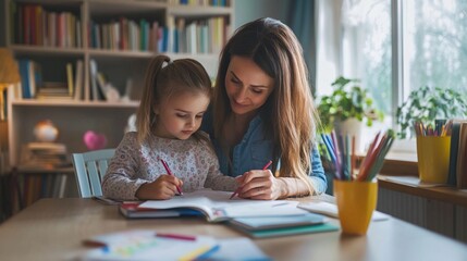 girl studying in classroom, Mother helping her daughter with homework at home.