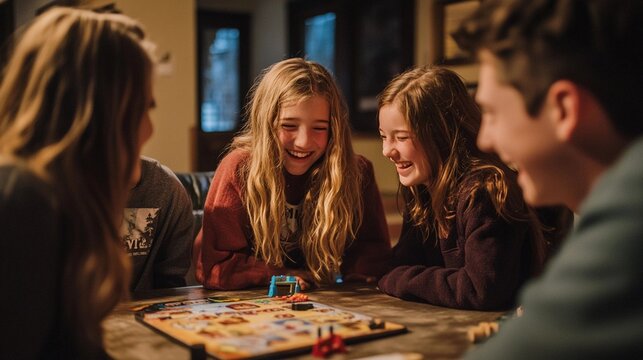 Group of kids playing board game at home. Children having fun together.
