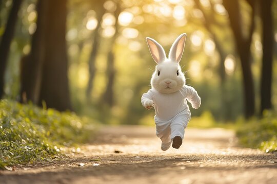 A playful rabbit in a white outfit joyfully leaps along a sunlit trail surrounded by trees and greenery