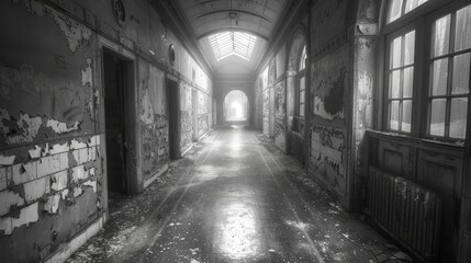 Fototapeta premium An empty corridor in an old, abandoned hospital, the walls peeling and the light dim, creates a haunting and solitary scene.