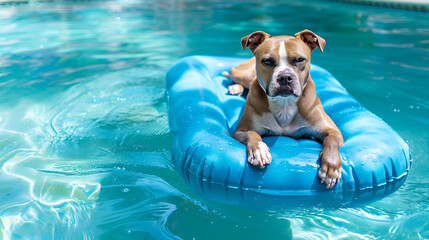A white  dog relaxes and floats on a pool float in the family swimming pool ,dog swimming in an inflatable pool,dog laying on a float in a pool looking relaxed happy goofy funny cute hot
