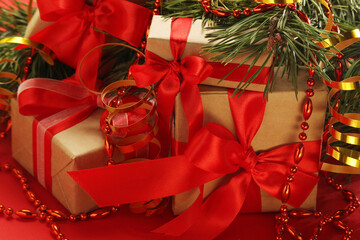Bright New Year background with packed gifts	
