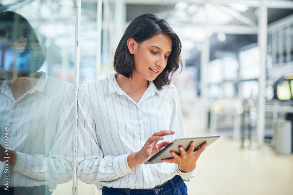 Poster Office, tablet and businesswoman with article for reading, local updates and breaking news on publication. Journalism, female person or journalist with digital for editing, research and online source