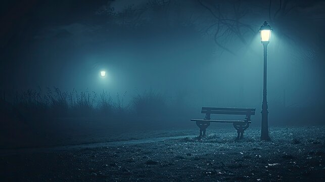An empty park bench sits under a streetlamp in a quiet, foggy park at night, creating a mood of solitude and stillness.