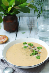 A bowl with mushroom cream soup