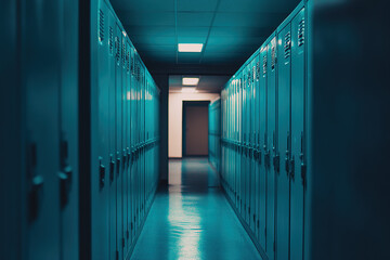  Elegant School Corridor Featuring Blue and Teal Lockers in a Wide-Angle Cinematic View, Enhanced by Warm Lighting and Contemporary Design Elements.