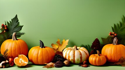 Autumn composition with pumpkins and natural forest decor on green background