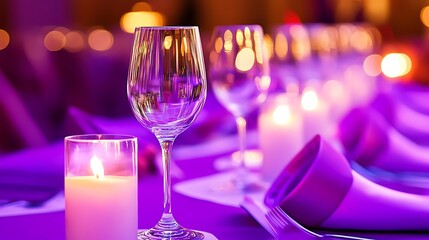 An elegant table setting featuring sparkling glassware and soft candlelight, creating a warm and inviting atmosphere for a sophisticated dining experience.