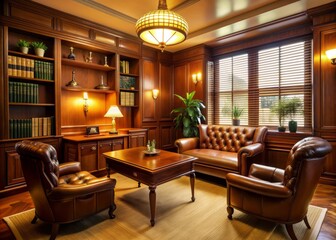 Fototapeta premium Retro Legal Revival: Nostalgic consultation room with vintage furniture, warm lighting, and classic legal decor.