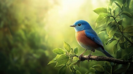 A blue bird peacefully perched on a branch, surrounded by lush greenery, capturing a moment of calm in the wild.