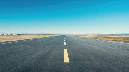 Fototapeta premium An empty airport runway under a clear blue sky, perfect for showcasing aviation and travel themes, wide-angle view