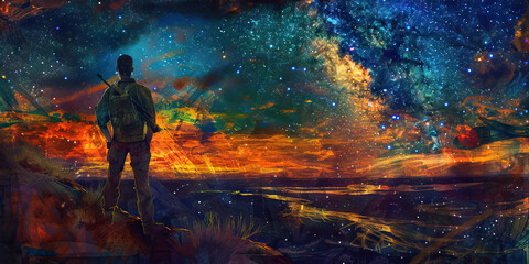 Fototapeta premium Silhouette standing at night with starry sky and Milky Way 