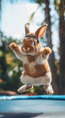 A rabbit wearing sportswear and a headband is joyfully jumping on a trampoline under the warm sun