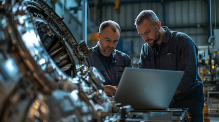 Two Aircraft Mechanics Working and Having Conversation next to Laptop Computer
