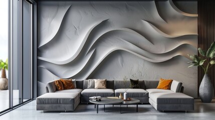 Modern Living Room with a Unique Wave Wall Design