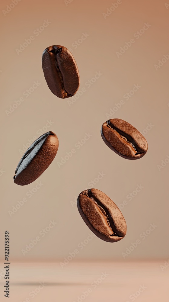 Poster coffee beans levitating in the air against a pastel background with professional color grading