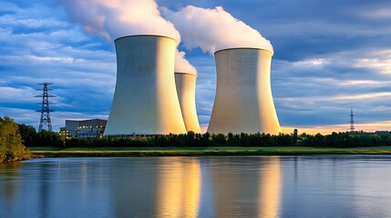 A serene sunset view of towering cooling towers reflecting in a calm river, surrounded by lush greenery and dynamic cloud patterns in the sky.