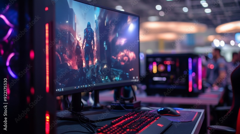 Aufkleber A modern gaming setup features a high-resolution monitor displaying vibrant graphics, illuminated by colorful lights, at a tech exhibition.