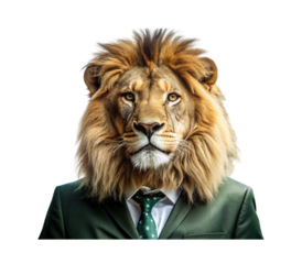 Lion head on business suit body isolated on transparent background