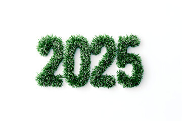 The year 2025 formed with vibrant green grass texture against a white background representing natural and environmental themes